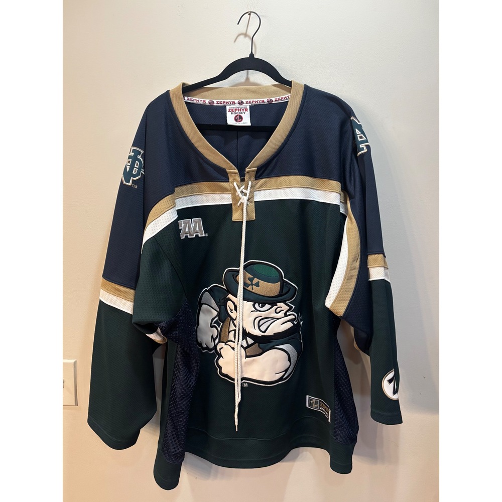 Vintage Zephyr Notre‎ Dame Fighting Irish Hockey Jersey Green Navy Gold Size 56